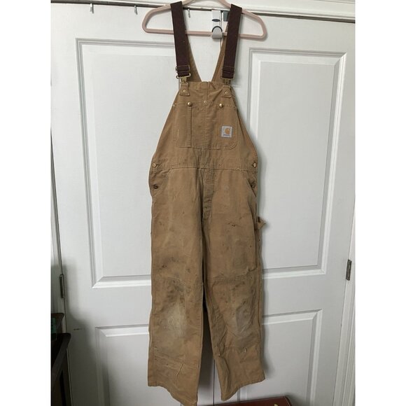 Vintage Carhartt Overalls Mens Tan Canvas Double Knee Dungaree Bib Distressed - Picture 1 of 12